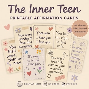 The Inner Teen – Healing Affirmations for Your Teenage Self l 36 afdrukbare kaarten A4 pdf l Troost je innerlijke tiener met zachte aanwijzingen