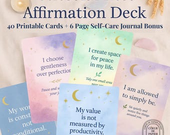 Könnte beinhalten: Ein Celestial Rest Affirmations-Kartenspiel mit 40 druckbaren Karten und einem 6-seitigen Selbstpflege-Journal-Bonus. Die Karten zeigen Affirmationen auf Pastellhintergründen.
