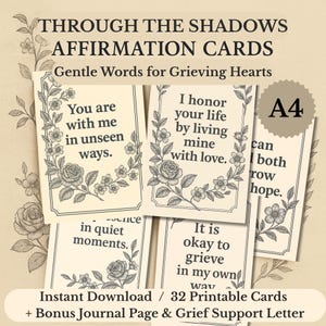 Attraverso le ombre l 32 carte di affermazione del dolore A4 / Carte commemorative stampabili per la guarigione / Parole gentili per cuori in lutto