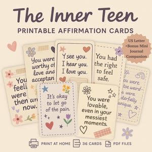 The Inner Teen l 36 cartes d'affirmation imprimables | Lettre US PDF | Guérir l'adolescent qui sommeille en vous en douceur | Outil de thérapie intérieure de l'enfant