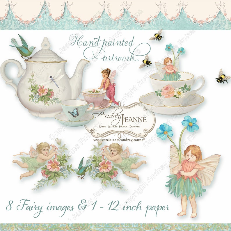 Fairy Clipart Digital Fairies Tea Party Teacup Teapot Victorian Damask Floral Angels Whimsical Cute Fun Birthday Garden Butterfly E15 20c - 