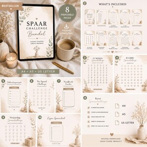 Op de afbeelding: Een digitale spaarchallenge-bundel met acht printbare pagina's in A4, A5 en US Letter-formaat. De set bevat trackers voor een 52-weken challenge, een doel van 1.000 euro, een no-spend challenge, een noodfonds en verjaardagssparen.