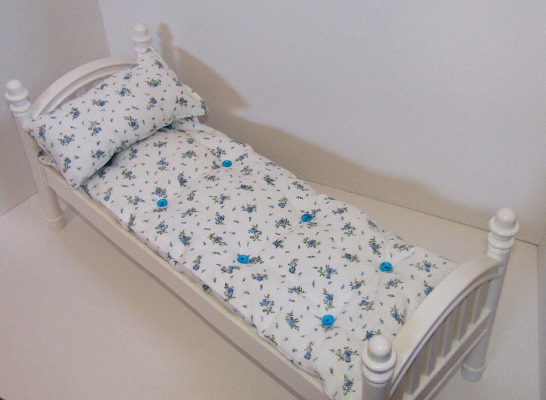 Blue Flowers Tufted Mattress for Doll Bed, 18 With Matching Pillow Set