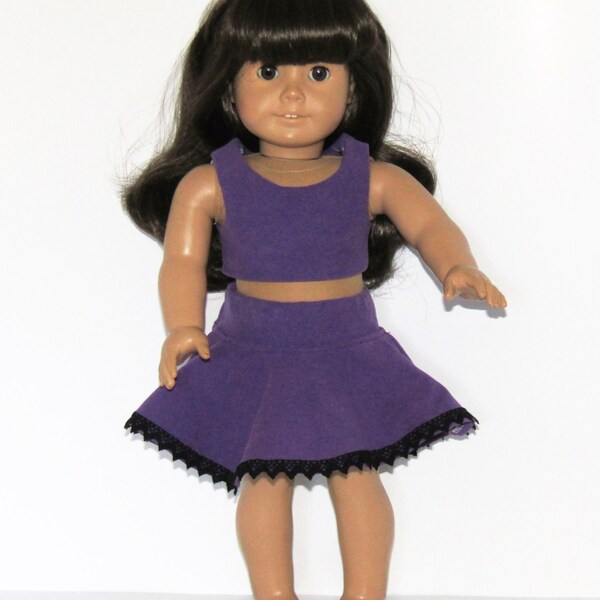 Purple and  Black Three  Piece Skater Skirt, Crop Top and Panties Outfit fits American Girl Doll Clothes 18"