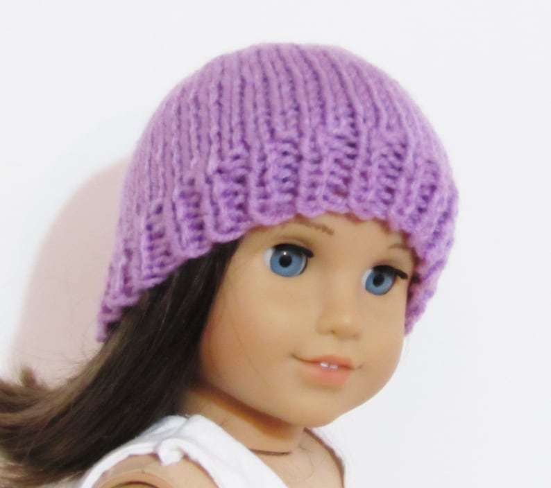 Purple Hand Knit Beanie Cap Hat made to fit American Girl Doll Clothes 18
