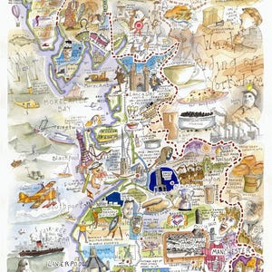 Puede incluir: Mapa en acuarela de Lancashire, Inglaterra, con ilustraciones de lugares emblemáticos y texto. El mapa destaca ciudades como Liverpool, Manchester y Blackpool, con dibujos detallados de atracciones locales y figuras históricas.