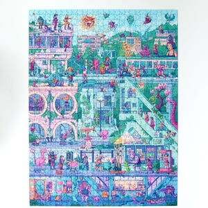 May include: A colorful jigsaw puzzle featuring a whimsical cityscape with numerous figures and buildings. The puzzle's design incorporates shades of blue, pink, and green, creating a vibrant and detailed scene. The puzzle is a fun activity for all ages.