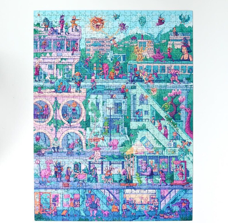 May include: A colorful jigsaw puzzle featuring a whimsical cityscape with numerous figures and buildings. The puzzle's design incorporates shades of blue, pink, and green, creating a vibrant and detailed scene. The puzzle is a fun activity for all ages.