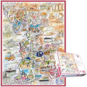 May include: A detailed illustrated map of Lancashire, England, featuring local landmarks and attractions. A framed print is shown alongside a puzzle box with the same design. The text "PROPER LANCASHIRE" is displayed.