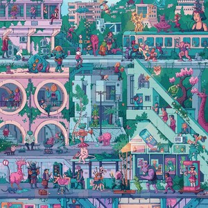 May include: A vibrant, detailed illustration of a city scene filled with fantastical creatures and characters. Buildings in shades of pink and blue are populated with whimsical figures, with a train and various shops adding to the lively atmosphere. The artwork has a surreal, dreamlike quality.