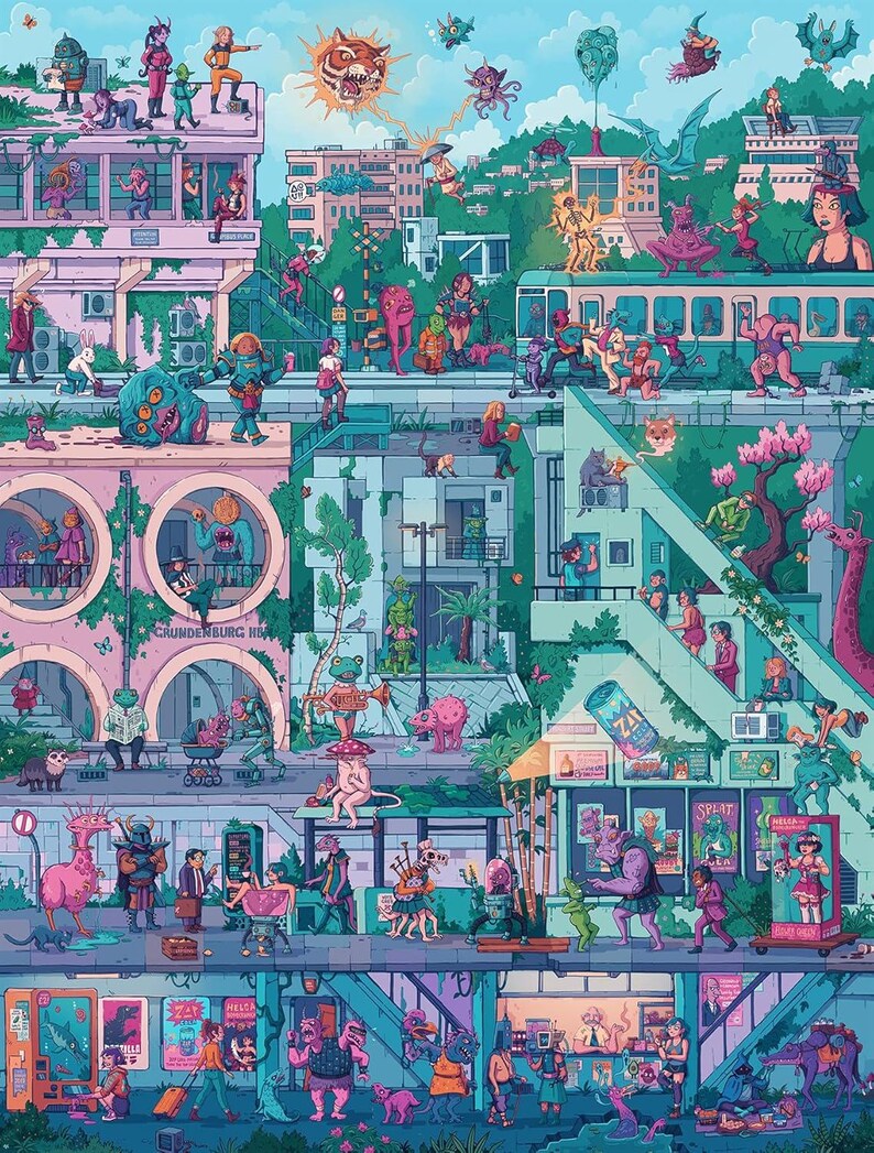 May include: A vibrant, detailed illustration of a city scene filled with fantastical creatures and characters. Buildings in shades of pink and blue are populated with whimsical figures, with a train and various shops adding to the lively atmosphere. The artwork has a surreal, dreamlike quality.