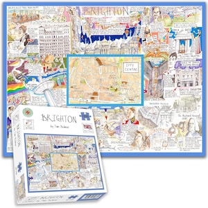 Puede incluir: Un rompecabezas colorido y un rompecabezas completo con un mapa ilustrado detallado de Brighton, Inglaterra, con puntos de referencia y texto. La caja del rompecabezas es blanca con la palabra "Brighton" y la bandera de la Union Jack.