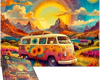 May include: A colourful jigsaw puzzle depicting a vintage Volkswagen bus adorned with sunflowers, set against a vibrant landscape of mountains, a rainbow, and a setting sun. The puzzle box is visible in the lower left corner.