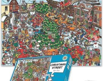 May include: A 1000-piece jigsaw puzzle titled "Christmas Street" by Bart Slyp. The puzzle image depicts a busy Christmas scene with a large Christmas tree, Santa Claus in a sleigh, and many people in a snowy town.