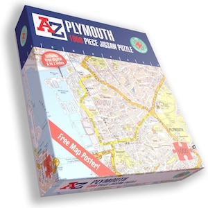 May include: A 1000-piece jigsaw puzzle of Plymouth, featuring a detailed map of the city. The box is blue and white, with the text "PLYMOUTH 1000 PIECE JIGSAW PUZZLE". Includes a free map poster and digital A to Z index.
