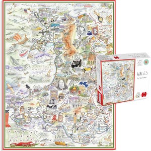 Puede incluir: Un rompecabezas colorido con un mapa ilustrado detallado de Gales, con varios puntos de referencia e ilustraciones. El rompecabezas está acompañado por una caja con un diseño de mapa a juego. La palabra "WALES" se muestra de forma destacada.