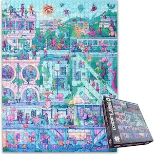May include: A completed jigsaw puzzle with a colorful, whimsical illustration of a city scene with fantastical creatures and buildings. The puzzle is mostly shades of blue, pink, and green. A puzzle box with the words "Concrete Jungle" is next to the puzzle.