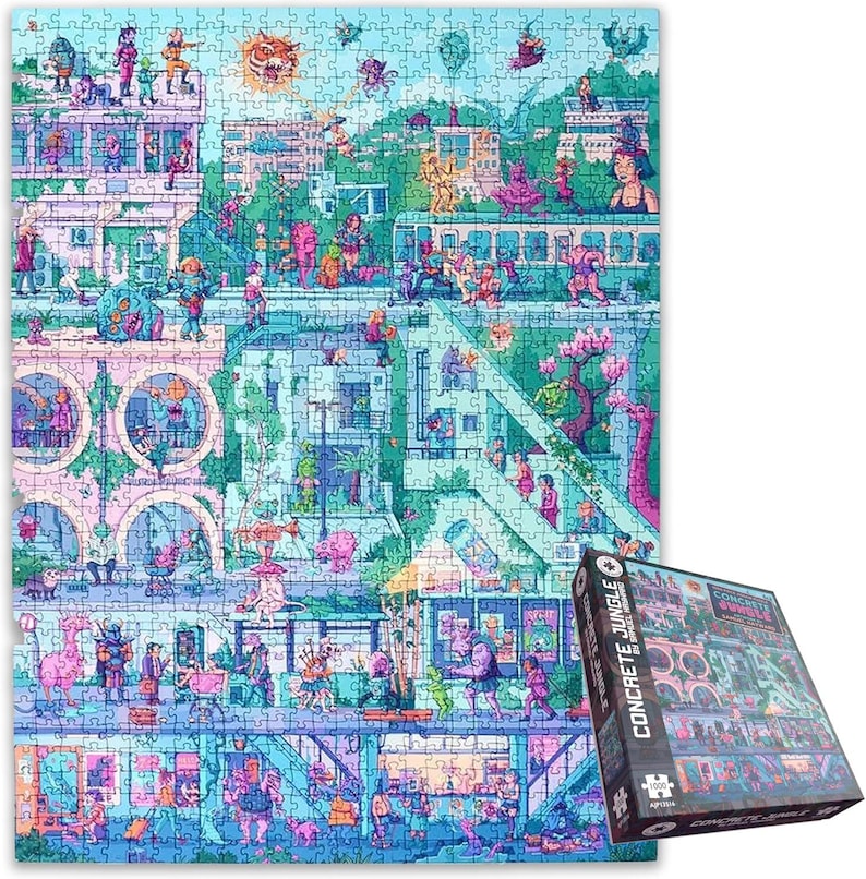 May include: A completed jigsaw puzzle with a colorful, whimsical illustration of a city scene with fantastical creatures and buildings. The puzzle is mostly shades of blue, pink, and green. A puzzle box with the words "Concrete Jungle" is next to the puzzle.