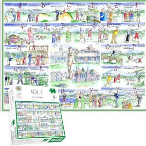 Puede incluir: Un rompecabezas con temática de golf y su caja. El rompecabezas presenta una ilustración caprichosa con varios escenarios de golf, etiquetados con letras y frases. La caja muestra la imagen del rompecabezas completo y la palabra "GOLF".