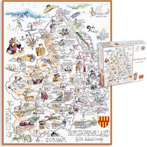 Puede incluir: Un mapa ilustrado de Northumberland, Inglaterra, con puntos de referencia y figuras dibujadas. También hay una caja de rompecabezas con el mismo diseño. El texto "NORTHUMBERLAND God's beloved County" es visible.