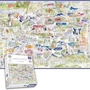 Puede incluir: Un colorido rompecabezas que presenta un mapa ilustrado detallado de Gloucestershire, Inglaterra, con varios puntos de referencia e ilustraciones. La caja del rompecabezas es visible, mostrando el título y una vista previa de la imagen completa. El rompecabezas contiene 1000 piezas.