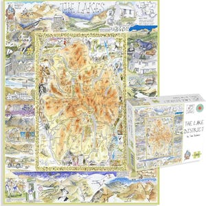 Puede incluir: Un rompecabezas de mapa del Distrito de los Lagos colorido con una caja a juego. El mapa presenta ilustraciones de monumentos y paisajes, con el texto "THE LAKES" en la parte superior. La caja del rompecabezas dice "THE LAKE DISTRICT" y "1000 piezas".