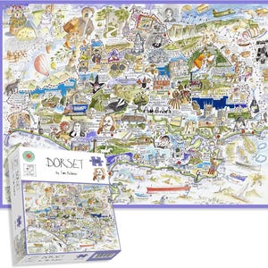 May include: A colorful Dorset map jigsaw puzzle with a matching box. The map is filled with illustrations of landmarks and historical figures. The puzzle box displays the completed puzzle image and the word "Dorset". The puzzle contains 1000 pieces.