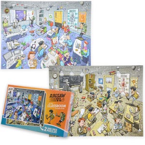 Djigsaw Vu In the Classroom – 2 x 1000-delige puzzelset van Ricardo Galvao – Tijdreispuzzel met futuristische en vintage klaslokalen