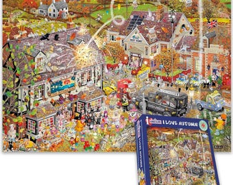 May include: A colorful jigsaw puzzle titled "I Love Autumn" depicts a detailed autumn village scene with buildings, people, and vehicles. The puzzle box is visible, showing the completed image. The scene includes a pub, houses, and a funeral director's hearse.