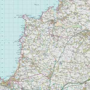 May include: A detailed topographic map of the Cornwall coastline in England, featuring Padstow and Newquay. The map displays a grid system, coastal landmarks, roads, and terrain contours in shades of green, blue, and brown on a white background.