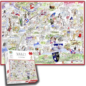 Puede incluir: Un rompecabezas colorido con un mapa ilustrado detallado de Surrey, Inglaterra, con varios puntos de referencia y figuras. La caja del rompecabezas es visible, mostrando el mismo diseño de mapa. El texto "Surrey by Tom Baines" es visible.