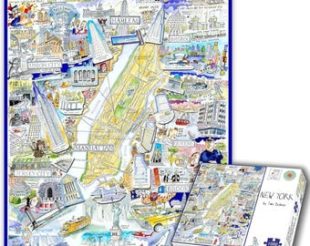 May include: A colorful New York City map puzzle with a blue border. The map is filled with illustrations of landmarks and neighborhoods, including Manhattan, Broadway, and the Bronx. The puzzle box is also visible, showing the completed puzzle image and the text "NEW YORK".