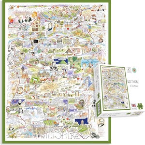 Puede incluir: Un rompecabezas de mapa de Wiltshire con un borde verde. El rompecabezas presenta ilustraciones de monumentos y figuras históricas. La caja del rompecabezas también es visible, mostrando el diseño del rompecabezas y la palabra "Wiltshire".