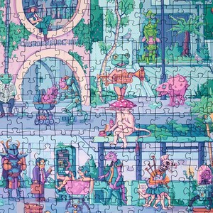 May include: A completed jigsaw puzzle featuring a whimsical, colorful illustration of a fantastical city scene. The artwork includes various cartoonish creatures, buildings, and the text "GRUNDENBURG". The puzzle pieces are interlocking.