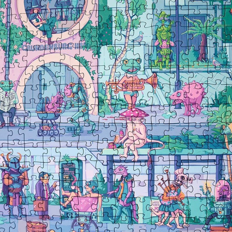 May include: A completed jigsaw puzzle featuring a whimsical, colorful illustration of a fantastical city scene. The artwork includes various cartoonish creatures, buildings, and the text "GRUNDENBURG". The puzzle pieces are interlocking.