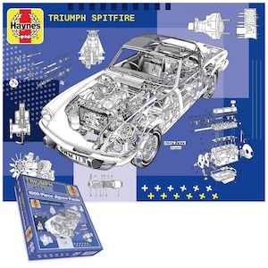 Può includere: Un diagramma dettagliato di una Triumph Spitfire, che mostra i suoi componenti interni, su sfondo blu. L'immagine include il testo "Haynes" e "Triumph Spitfire", e una scatola di un puzzle da 1000 pezzi con lo stesso diagramma dell'auto.