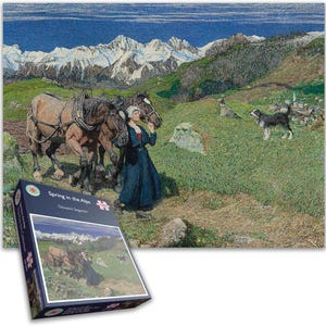 Swiss Alps Panorama 1000 Piece Jigsaw Puzzle Scenic Alpine Landscape Featuring Soglio Village and Majestic Horses For Adults Size 66 X 50 CM