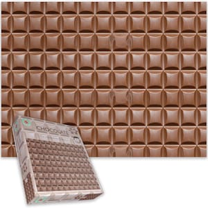 May include: A close-up of a brown chocolate bar with a repeating square pattern. The image also shows a box of chocolate with the text "Chocolate" and "The Impossible Collection". The box has a similar square pattern to the chocolate bar.