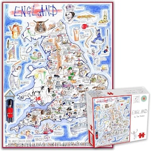 Puede incluir: Una impresión en acuarela enmarcada y una caja de rompecabezas con un mapa caprichoso de Inglaterra. El mapa está lleno de ilustraciones de la cultura, los monumentos y los iconos ingleses. La caja del rompecabezas muestra el mismo diseño de mapa, con la palabra "ENGLAND".