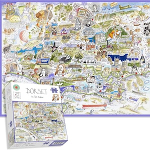 May include: A colorful Dorset map jigsaw puzzle with a matching box. The map is filled with illustrations of landmarks and historical figures. The puzzle box displays the completed puzzle image and the word "Dorset". The puzzle contains 1000 pieces.