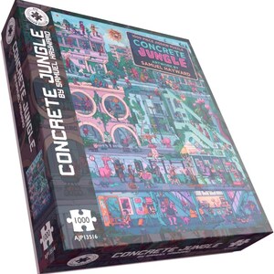 May include: A 1000-piece jigsaw puzzle titled "Concrete Jungle" by Samuel Hayward. The box features a colorful illustration of a city scene with buildings, people, and various elements. The puzzle is labeled with the number 1000 and the code AJP13516.