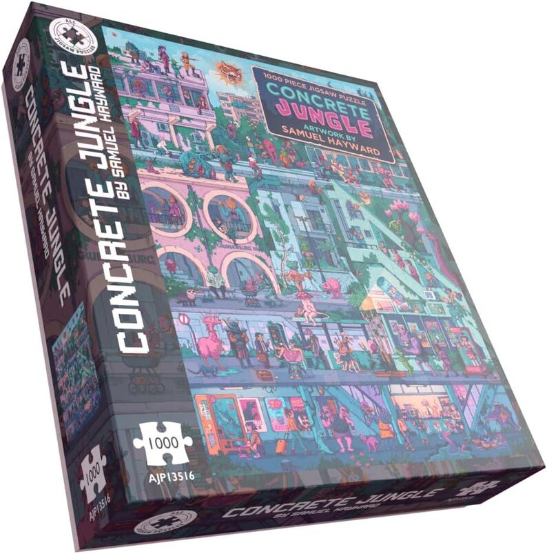 May include: A 1000-piece jigsaw puzzle titled "Concrete Jungle" by Samuel Hayward. The box features a colorful illustration of a city scene with buildings, people, and various elements. The puzzle is labeled with the number 1000 and the code AJP13516.