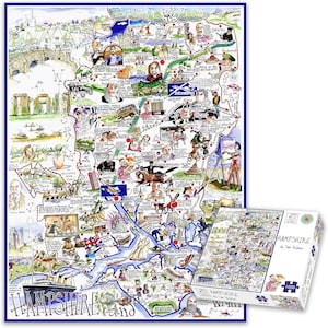 Puede incluir: Un mapa ilustrado y colorido de Hampshire, Inglaterra, con puntos de referencia y figuras. El mapa está enmarcado en azul e incluye la palabra "Hampshire". Una caja de rompecabezas de 1000 piezas con el mismo diseño está al lado.