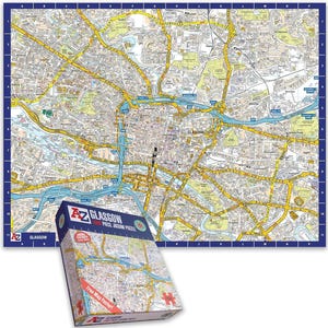 May include: A detailed map of Glasgow with a blue border, alongside a jigsaw puzzle box. The map shows roads, buildings, and rivers. The puzzle box displays the map design and text: "Glasgow 1000 Piece Jigsaw Puzzle".