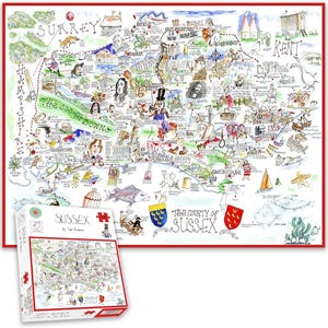 Comical Map Of Sussex By Tim Bulmer - 1000 Piece Puzzle For Adults, Large Puzzle 66cm X 50cm In Size. Challenging To Complete