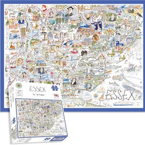 Puede incluir: Un mapa ilustrado y detallado de Essex, Inglaterra, con un borde azul. El mapa está lleno de dibujos de lugares emblemáticos, personas y eventos. Una caja de rompecabezas de 1000 piezas con el mapa está en primer plano. La palabra "Essex" se muestra de forma destacada.