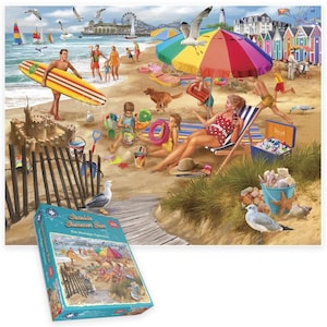 Cheerful Seaside Beach Scene 1000 Piece Jigsaw Puzzle Fun Summer Family Holiday by the Sea with Sun Sand Surfing Relaxing Perfect Gift
