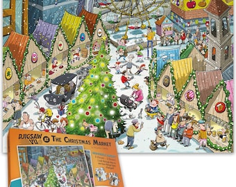 May include: A colorful jigsaw puzzle depicting a Christmas market scene with a Ferris wheel, shops, and a decorated Christmas tree. The puzzle box reads "DJIGSAW VU at The Christmas Market". Snow is falling, and people are enjoying the festive atmosphere.