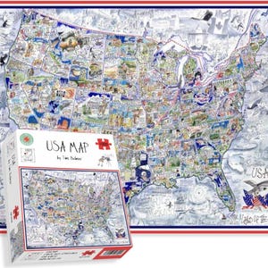 Puede incluir: Un rompecabezas detallado del mapa de EE. UU. y una impresión enmarcada a juego. La caja del rompecabezas presenta el texto "USA MAP" y "1500" piezas. La impresión del mapa tiene un borde rojo, blanco y azul e incluye ilustraciones de puntos de referencia e iconos.