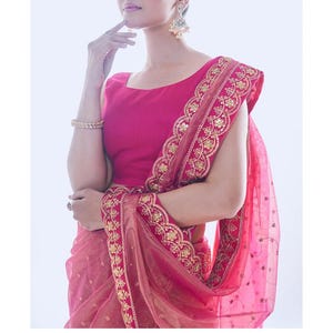 Sheer Saree with Pink Border |Coded Floral & Sequin Embellished Saree |Elegant Lightweight Net Saree with Blouse |Stylish Partywear Sari